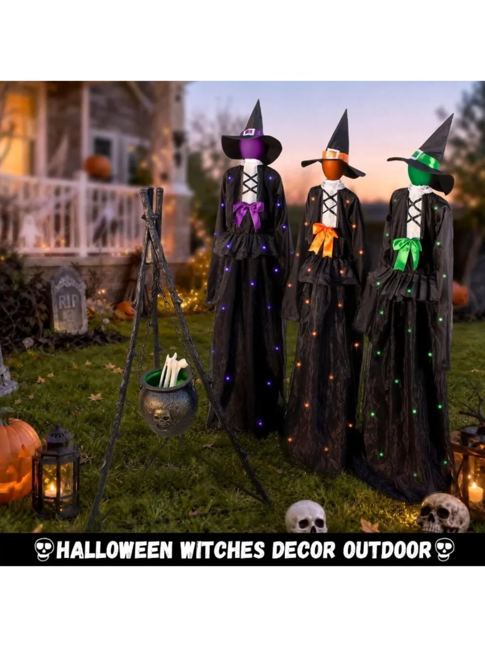 65-Inch Light-Up Witch Decoration Set of 3 - Solar-Powered Outdoor Graveyard